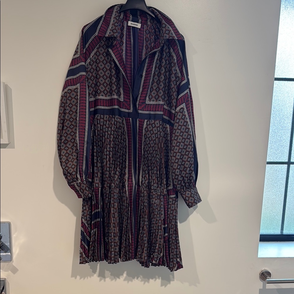 Sandro Blue and Red Pleated Long Sleeve Shirt Dress size 40 - Picture 2 of 7
